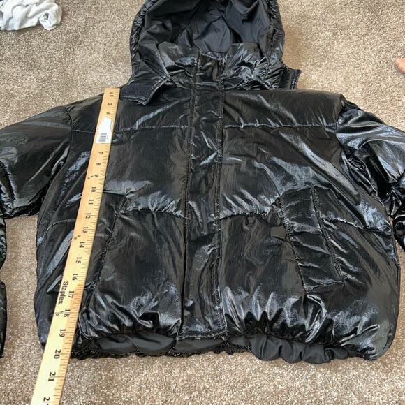 Pull&Bear puffer coat/jacket black wet look zip/button up women's SZ M hip hop - Picture 7 of 9